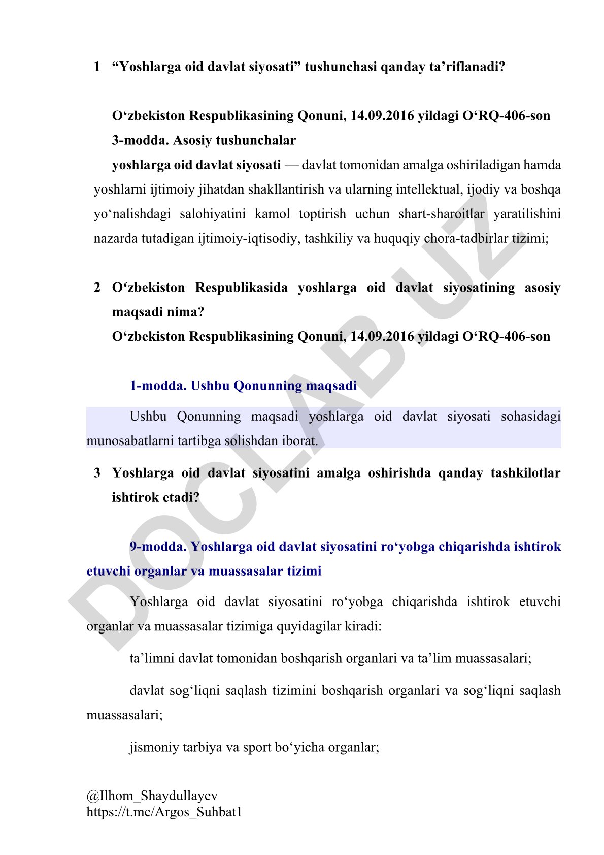 Yoshlarga oid davlat siyosati tushunchasi va amalga oshirish mexanizmlari