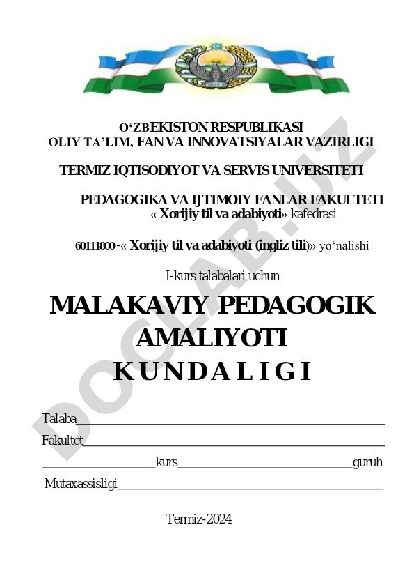 Xorijiy til va adabiyoti yo'nalishi talabalarining pedagogik amaliyoti kundaligi