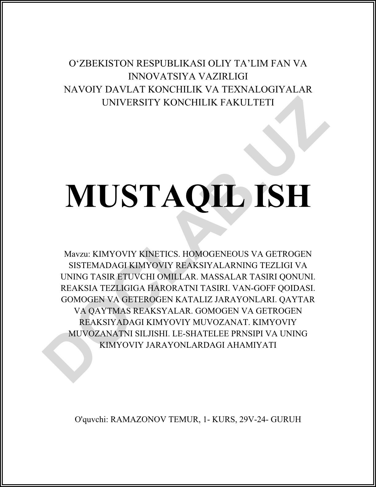 Kimyoviy kinetika, kimyoviy reaksiyalar tezligi va muvozanat