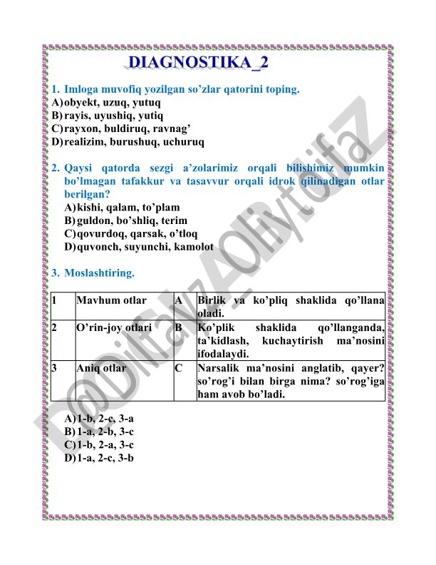Ona tili test savollari va topshiriqlari