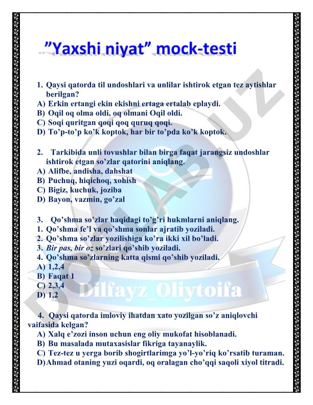 O'zbek tili imlosi va fonetikasi test savollari
