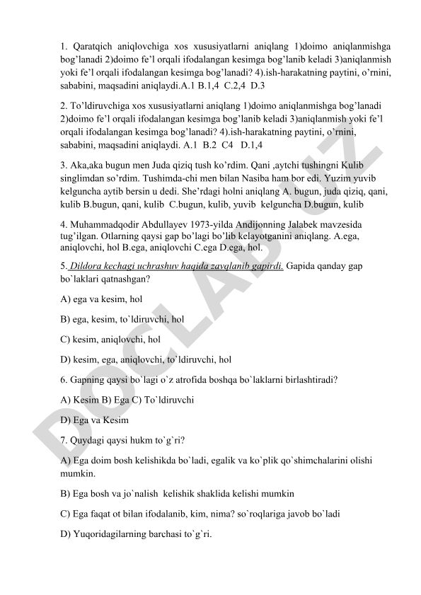 O'zbek tili grammatikasi test savollari