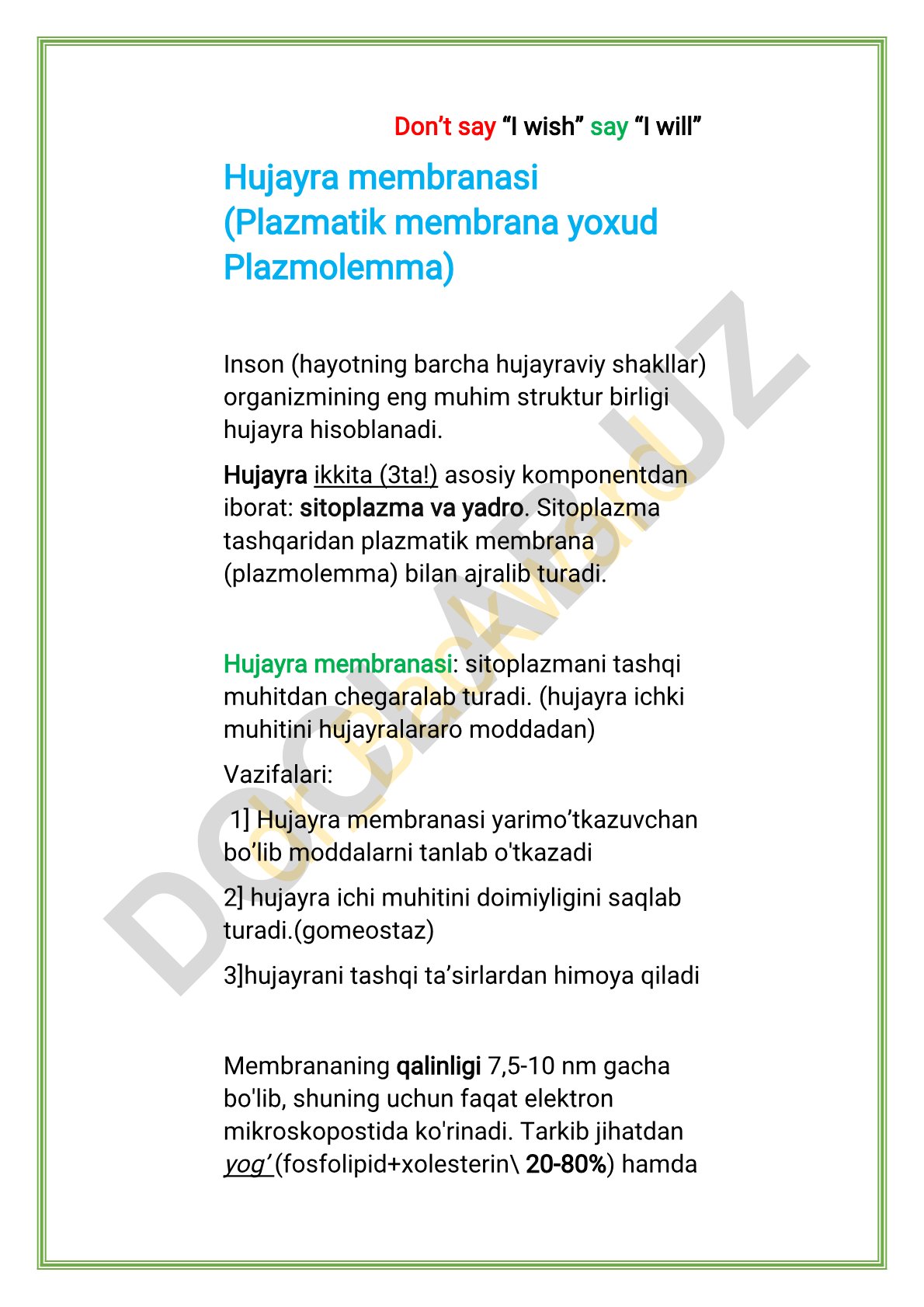 Hujayra membranasi tuzilishi va vazifalari