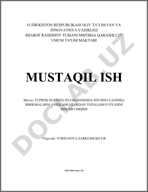 Tuproq suvning ifloslanishida ion bogʻlanishli birikmalarni aniqlash va tozalash gʻoyasini ishlab chiqish