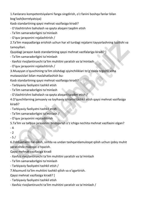 Kasb standartida mehnat vazifalari va ta'lim jarayonlari