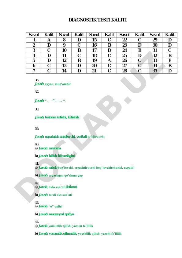 O'zbek tili diagnostik testi kalitlari