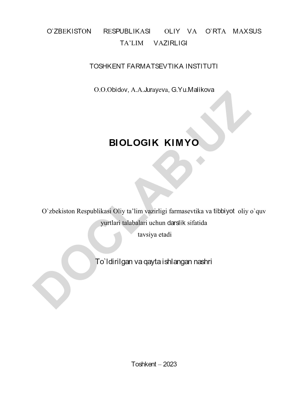 Biologik kimyo darsligi
