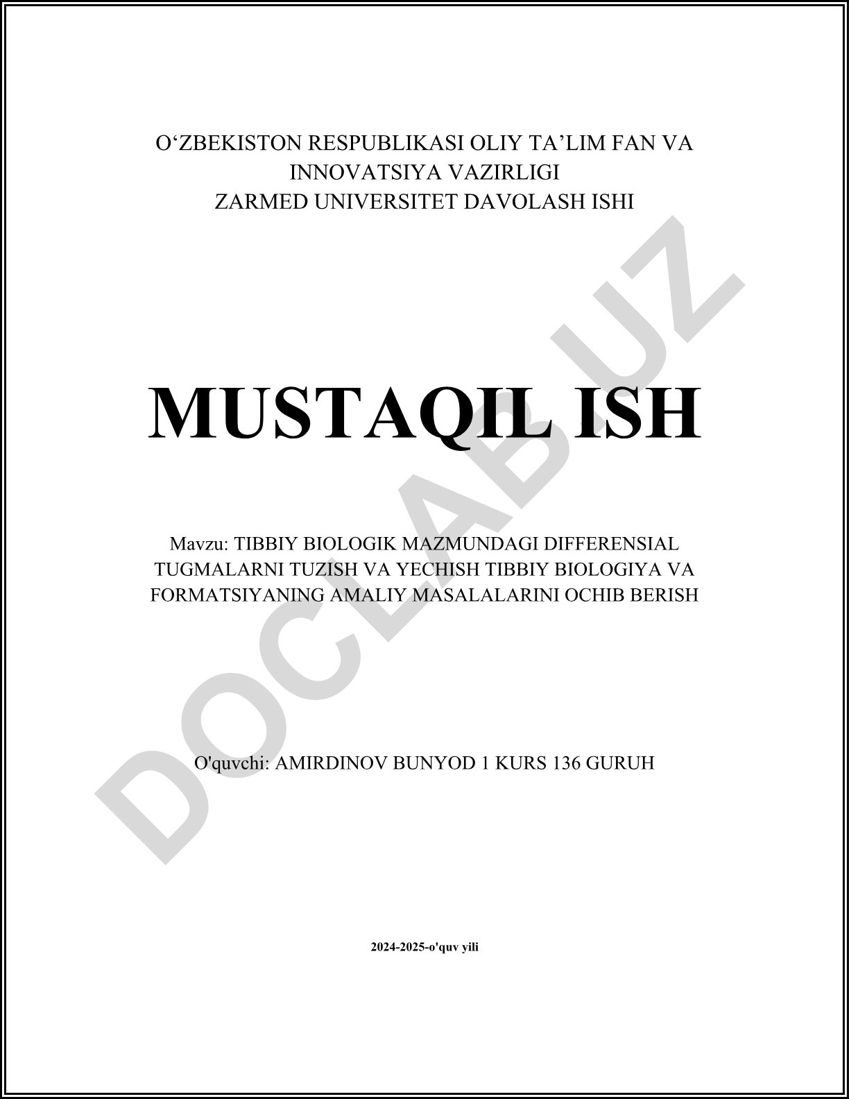 Tibbiy biologik mazmundagi differensial tenglamalarni tuzish va yechish
