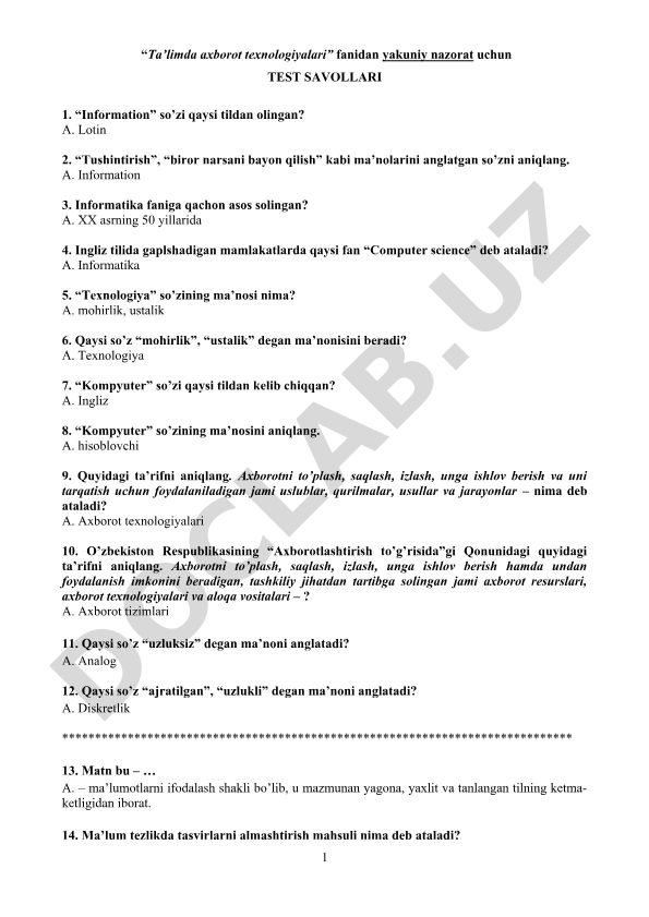 Axborot texnologiyalari asoslari va informatika faniga oid test savollari