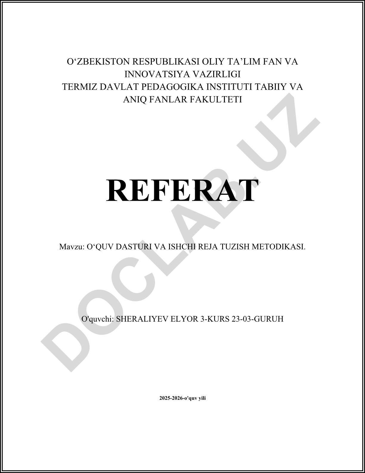 O‘quv dasturi va ishchi reja tuzish metodikasi
