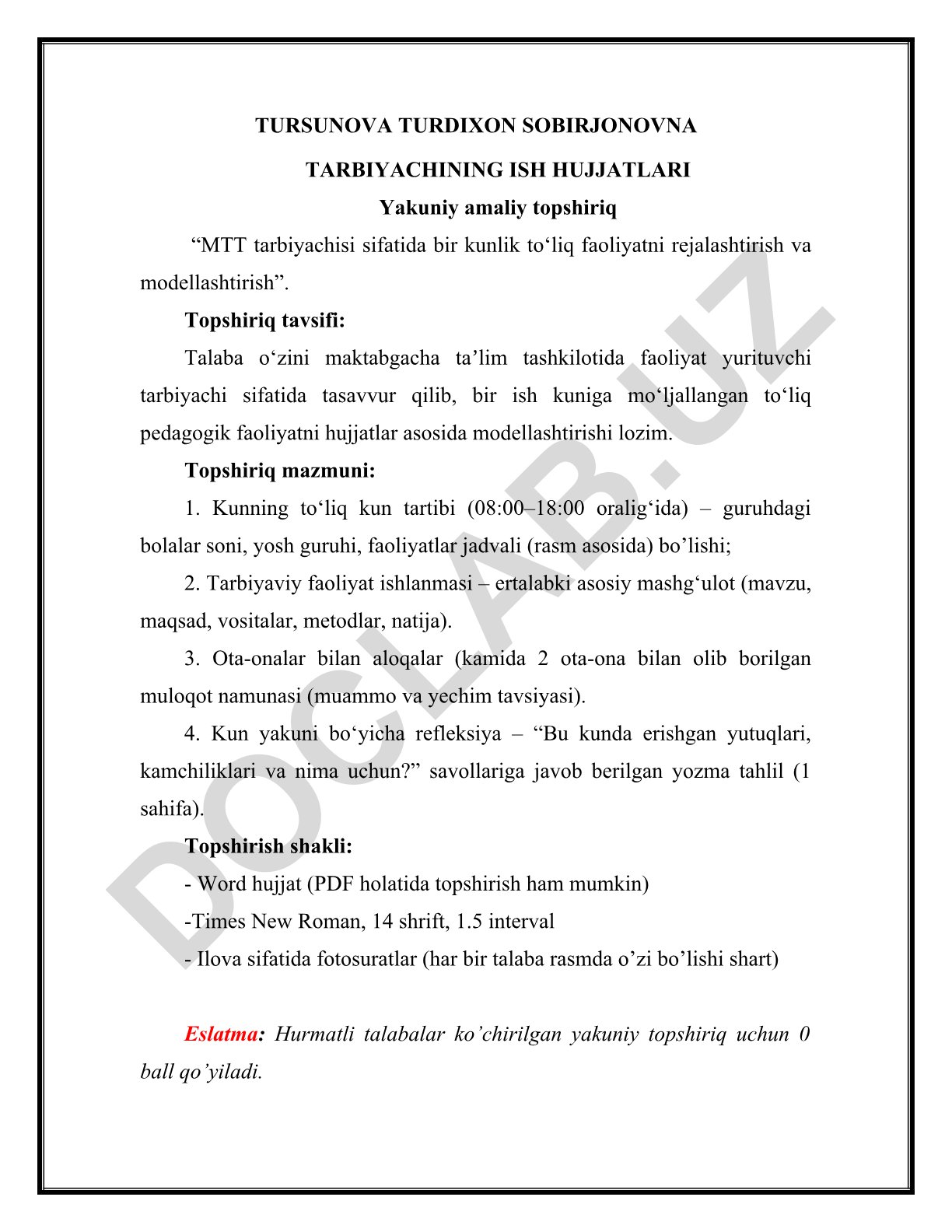 MTT tarbiyachisi sifatida bir kunlik to‘liq faoliyatni rejalashtirish va modellashtirish