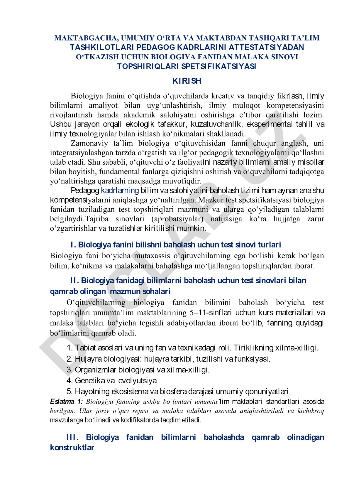 Biologiya fanidan malaka sinovi topshiriqlari spetsifikatsiyasi