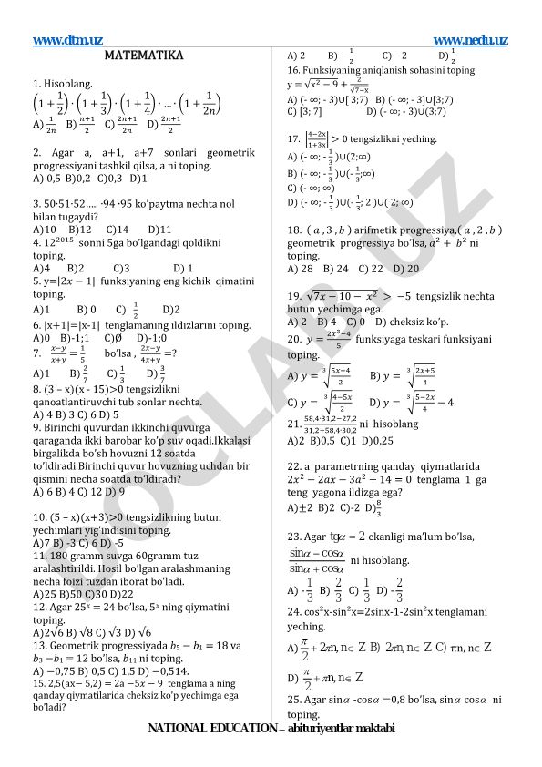 Matematika test savollari va masalalari