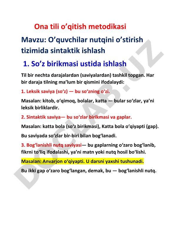 O’quvchilar nutqini o’stirish tizimida sintaktik ishlash