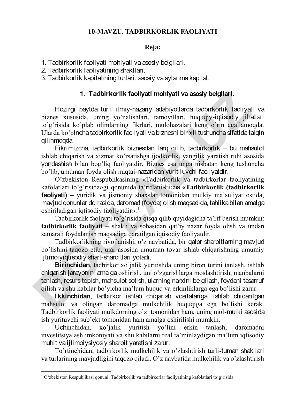 Tadbirkorlik faoliyati mohiyati, shakllari va kapital turlari