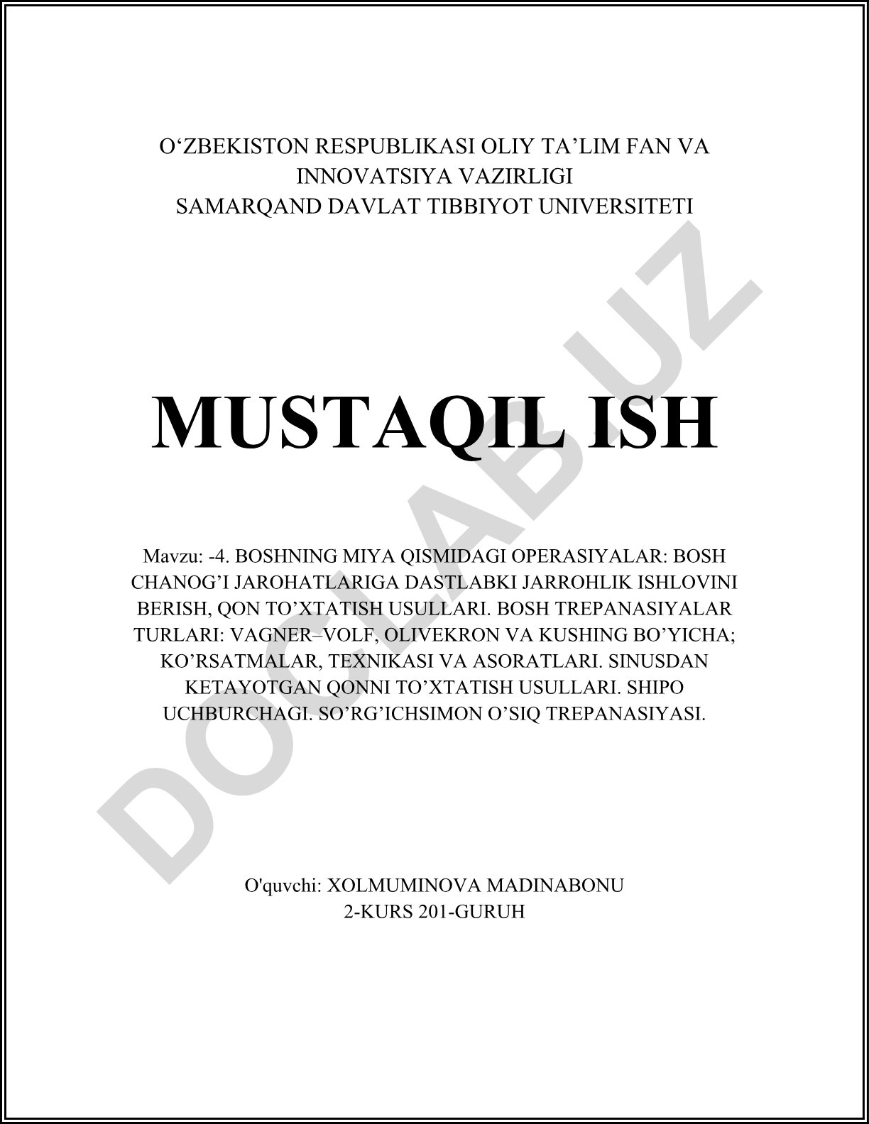 Boshning miya qismidagi operasiyalar: bosh chanog'i jarohatlariga dastlabki jarrohlik ishlovi, qon to'xtatish usullari va trepanasiya turlari