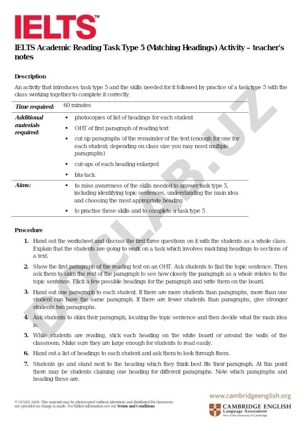 IELTS Academic Reading Task Type 5 (Matching Headings) Activity
