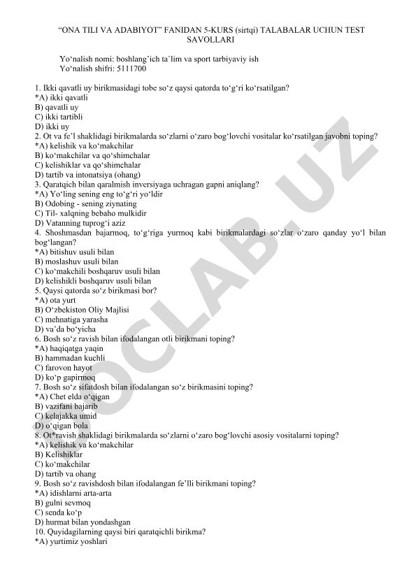 Ona tili va adabiyot fanidan 5-kurs talabalari uchun test savollari