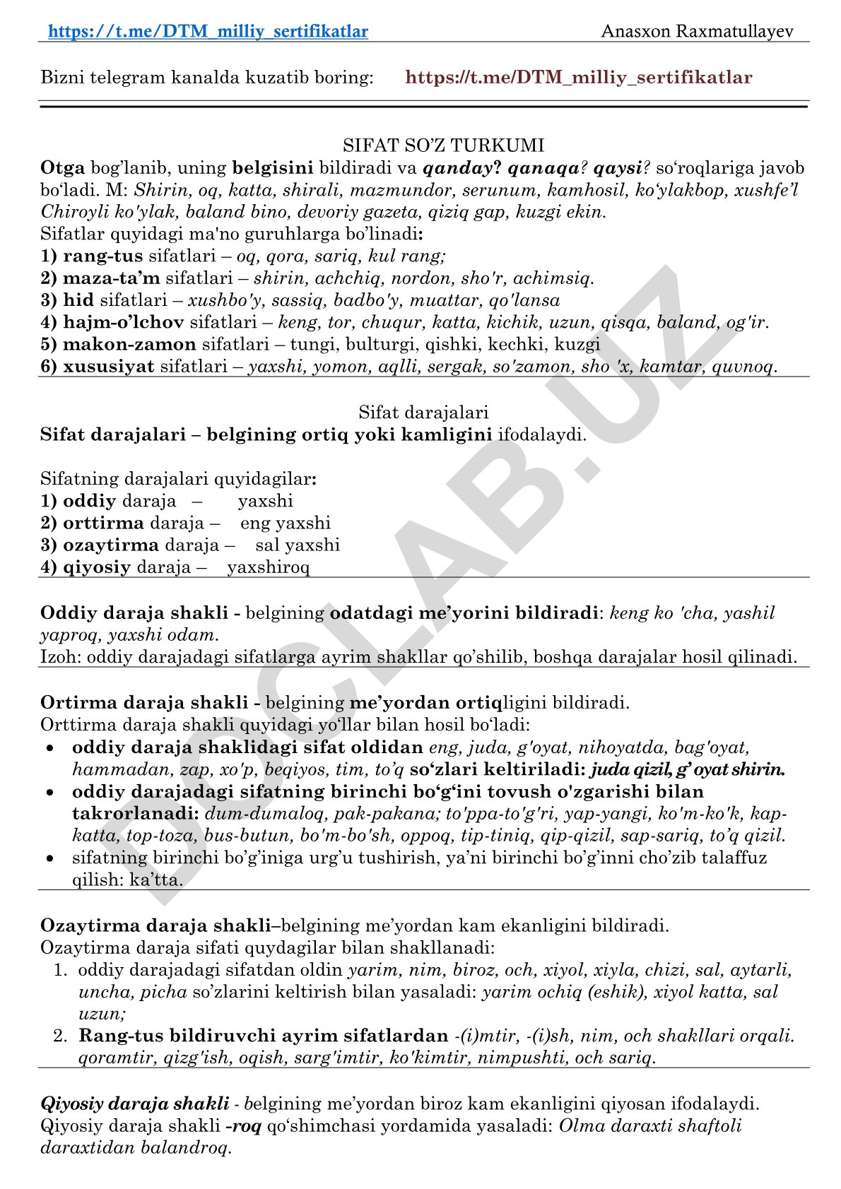 Sifat so'z turkumi va uning darajalari