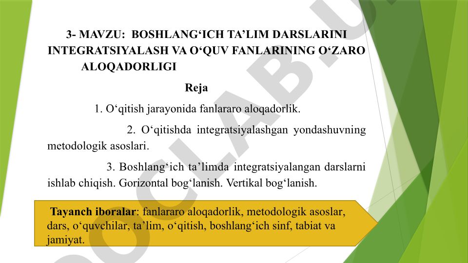 Boshlang‘ich ta’lim darslarini integratsiyalash va o‘quv fanlarining o‘zaro aloqadorligi