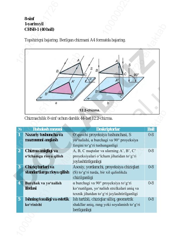 8-sinf chizmachilik topshirig'i: proyeksiya va nuqtalarni chizish
