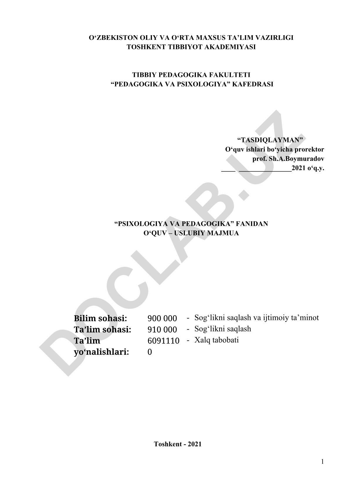 Psixologiya va pedagogika fanidan o'quv-uslubiy majmua