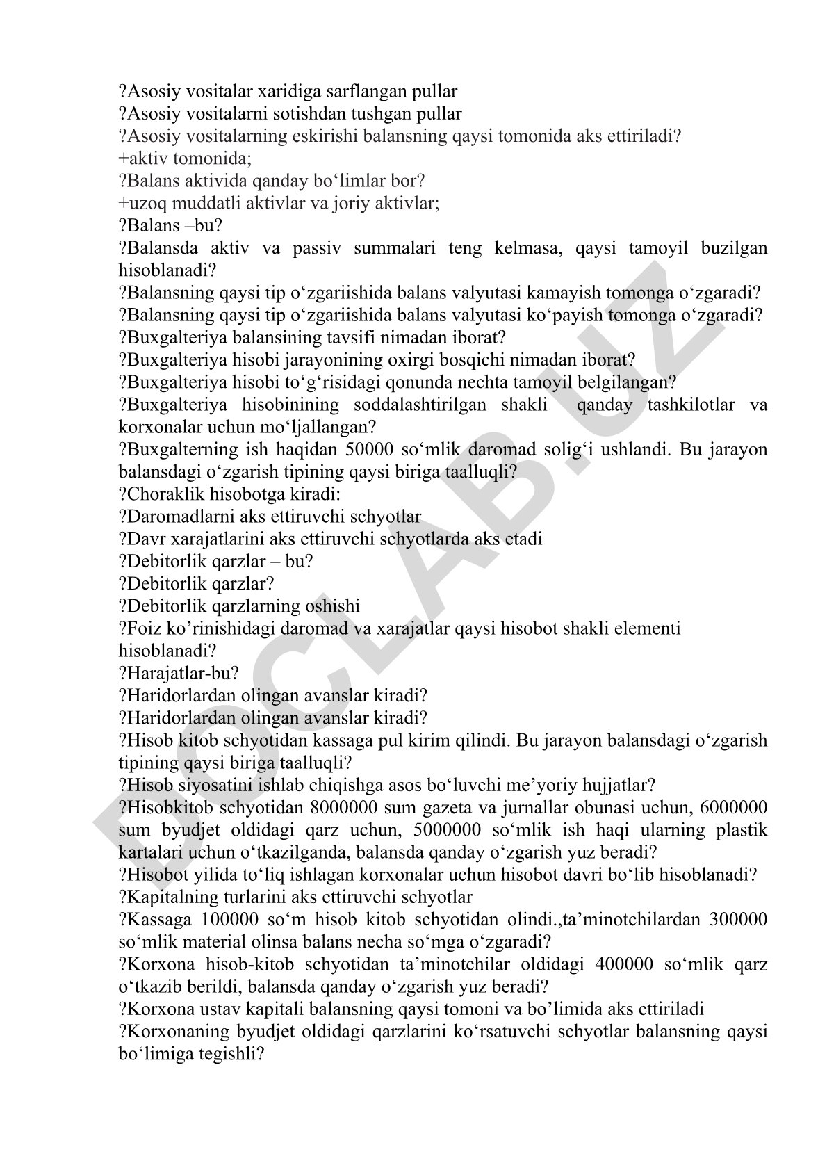 Buxgalteriya hisobi va balans bo'yicha test savollari