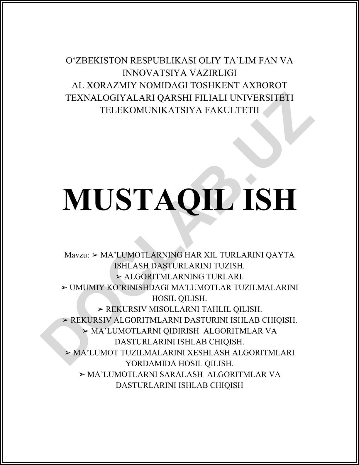 Ma'lumotlarni qayta ishlash dasturlari, algoritmlar turlari va ma'lumot tuzilmalari