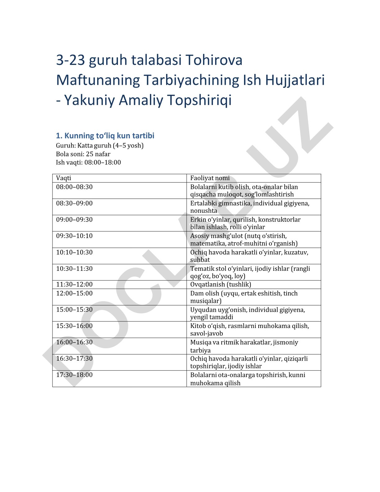 Katta guruh (4–5 yosh) bolalar uchun kun tartibi