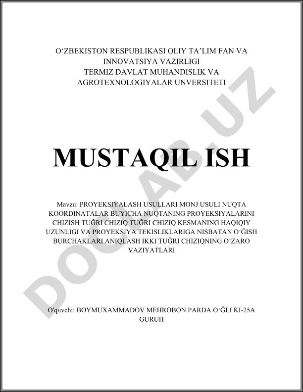 Proyeksiyalash usullari Monj usuli nuqta koordinatalari bo'yicha nuqtaning proyeksiyalarini chizish