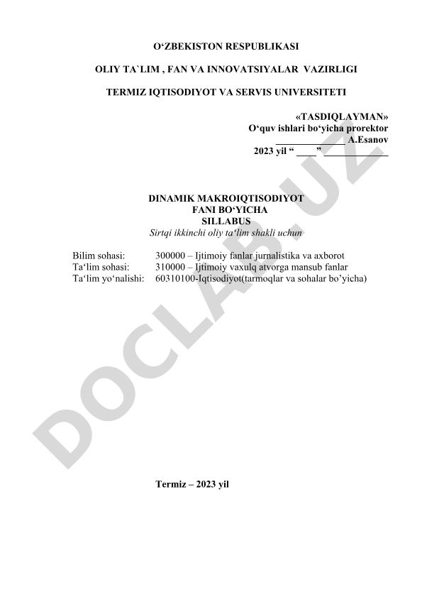 Dinamik makroiqtisodiyot fani bo'yicha sillabus