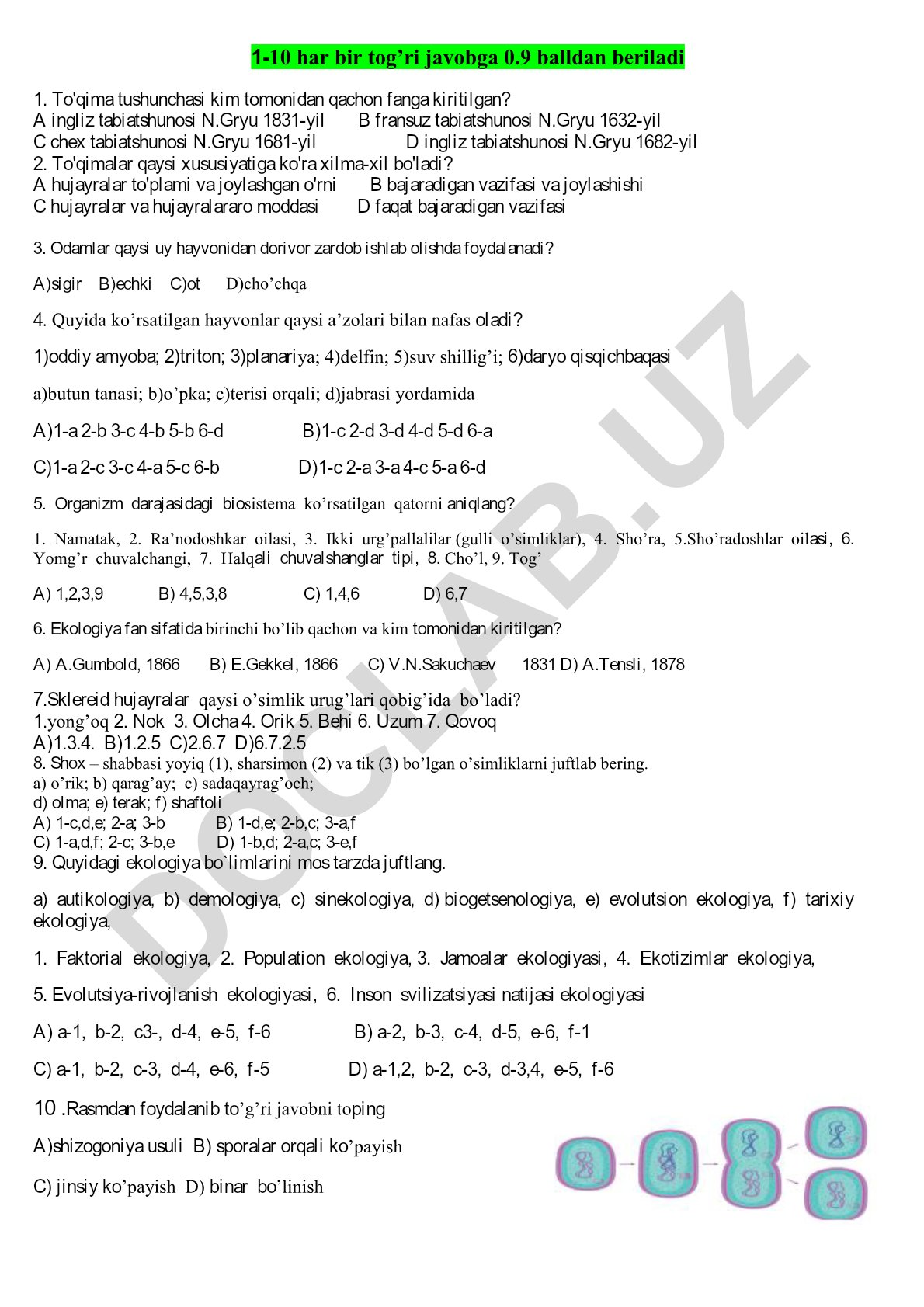 Biologiya fanidan test savollari