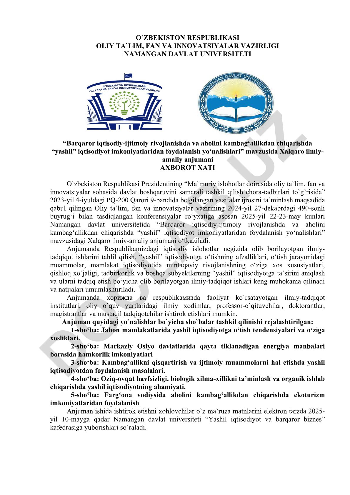 Barqaror iqtisodiy-ijtimoiy rivojlanishda va aholini kambag‘allikdan chiqarishda “yashil” iqtisodiyot imkoniyatlaridan foydalanish yo‘nalishlari