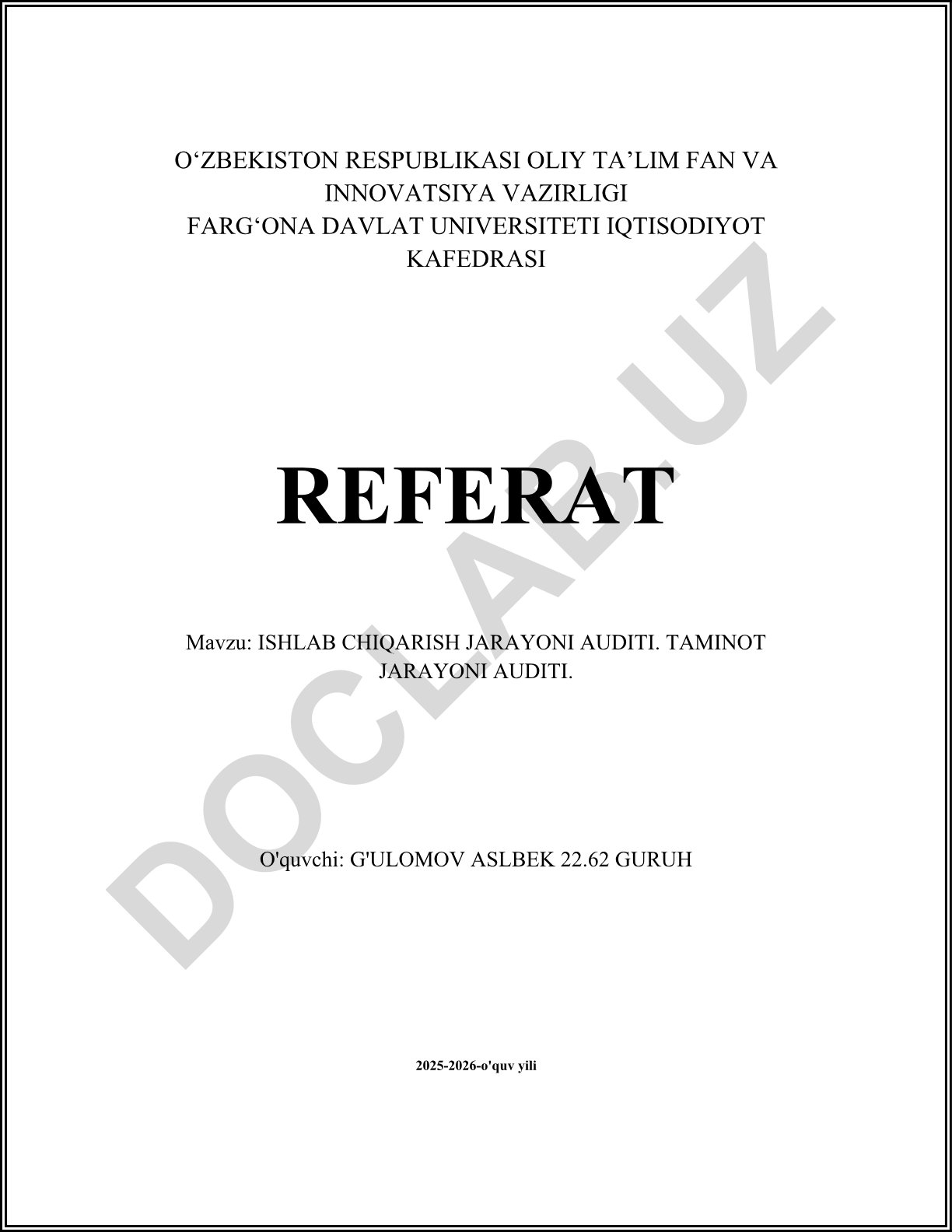 Ishlab chiqarish jarayoni audit metodologiyasi va taminot jarayoni auditi