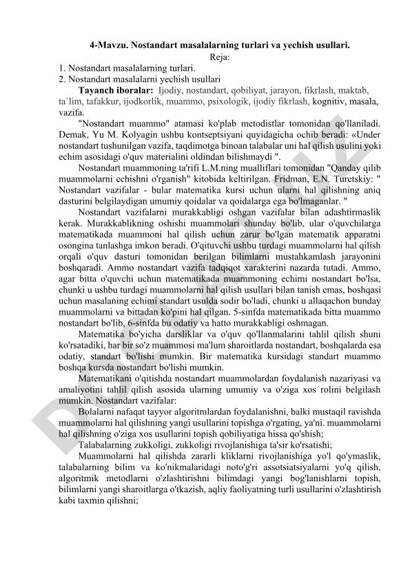 Nostandart masalalarning turlari va yechish usullari