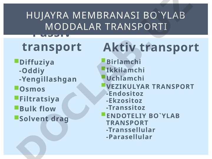 Hujayra membranasi bo'ylab moddalar transporti turlari