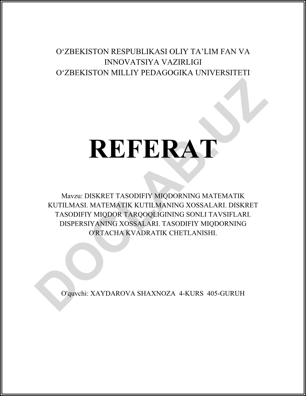 Diskret tasodifiy miqdorning matematik kutilmasi va uning xossalari