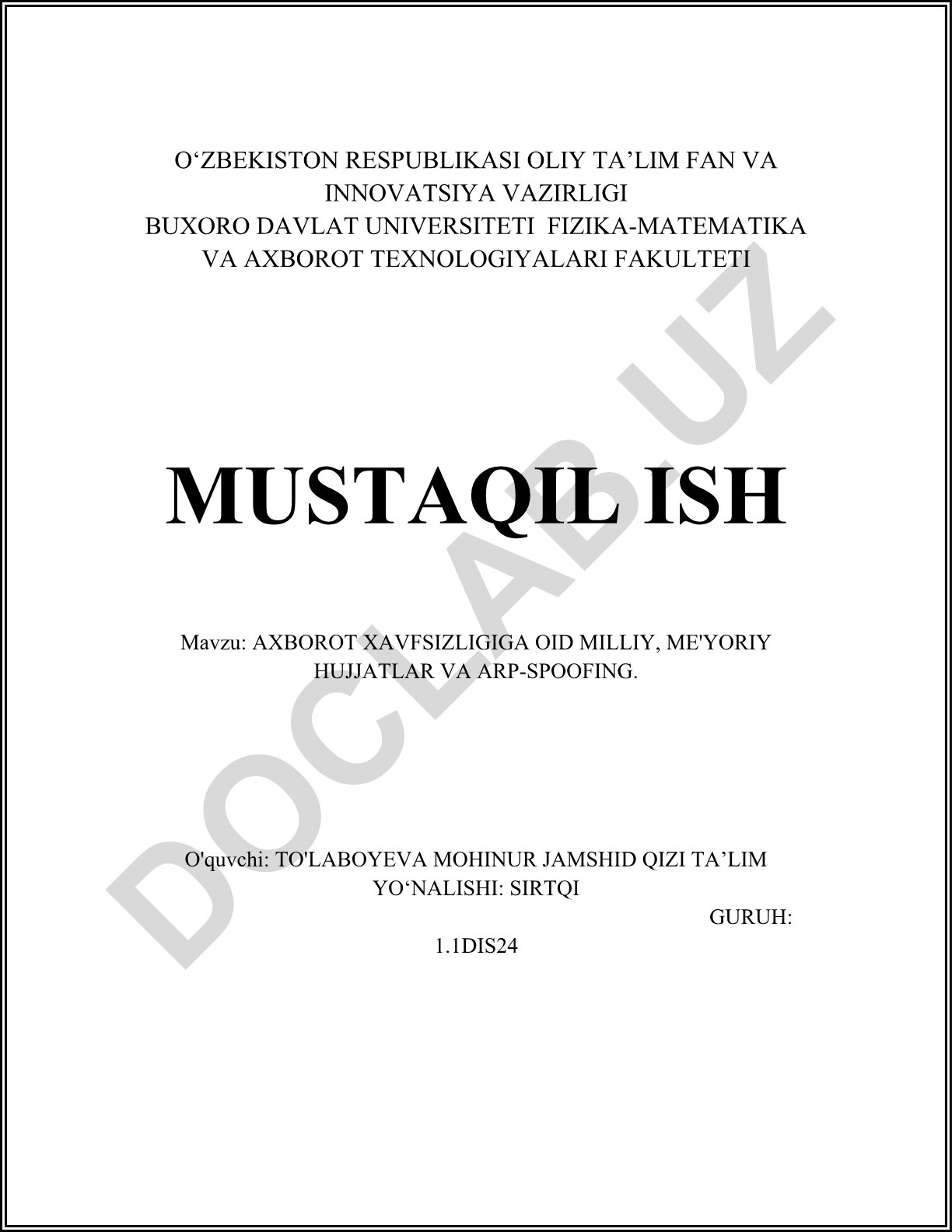 Axborot xavfsizligiga oid milliy, me'yoriy hujjatlar va ARP-spoofing