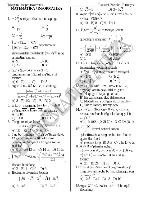 Matematika va informatika fanlaridan test savollari