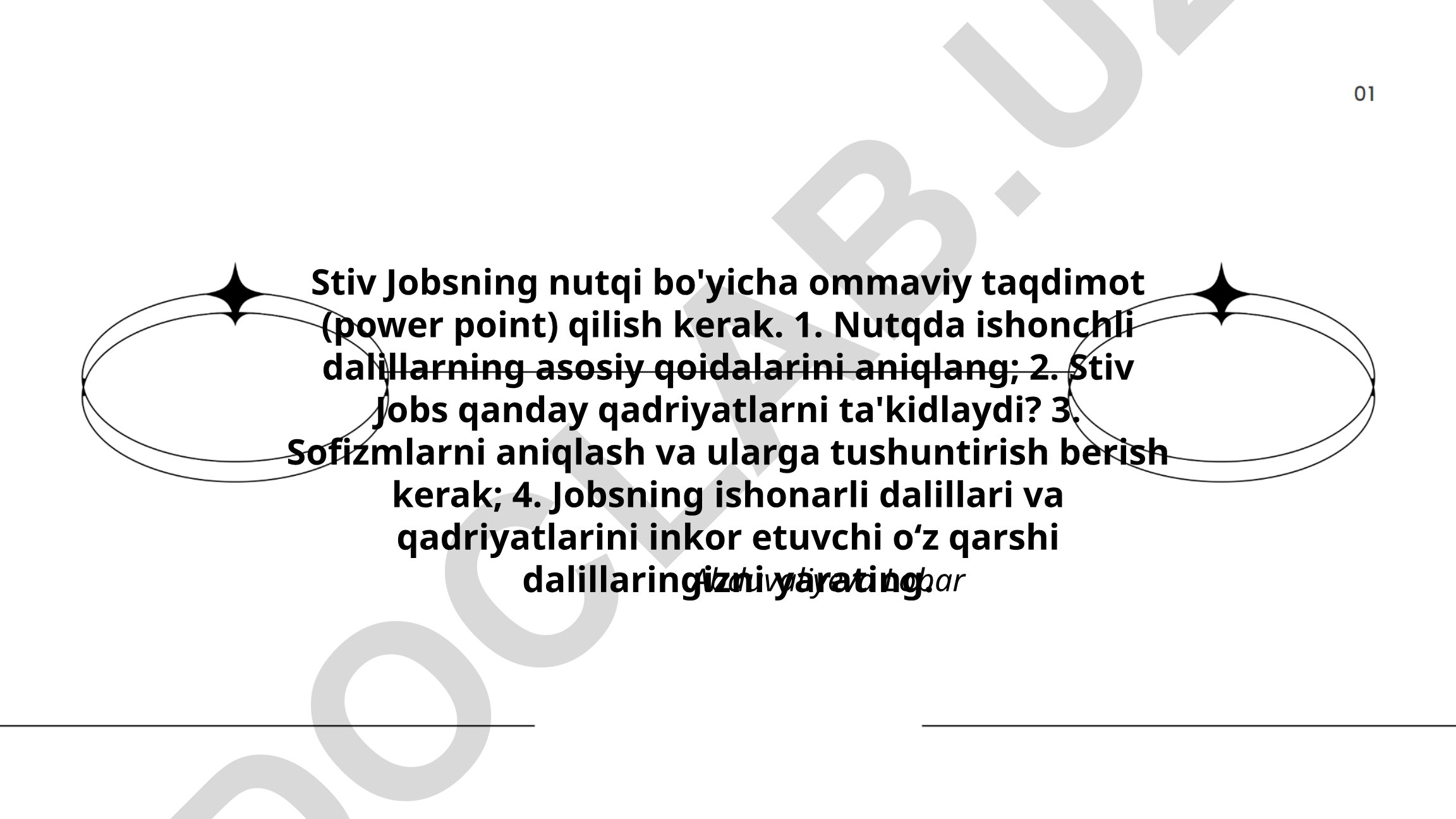 Stiv Jobs nutqida ishonchli dalillar, qadriyatlar va sofizmlar tahlili