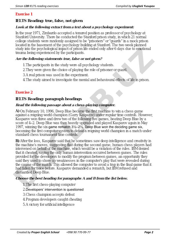 IELTS reading exercises: psychology experiment and chess computer