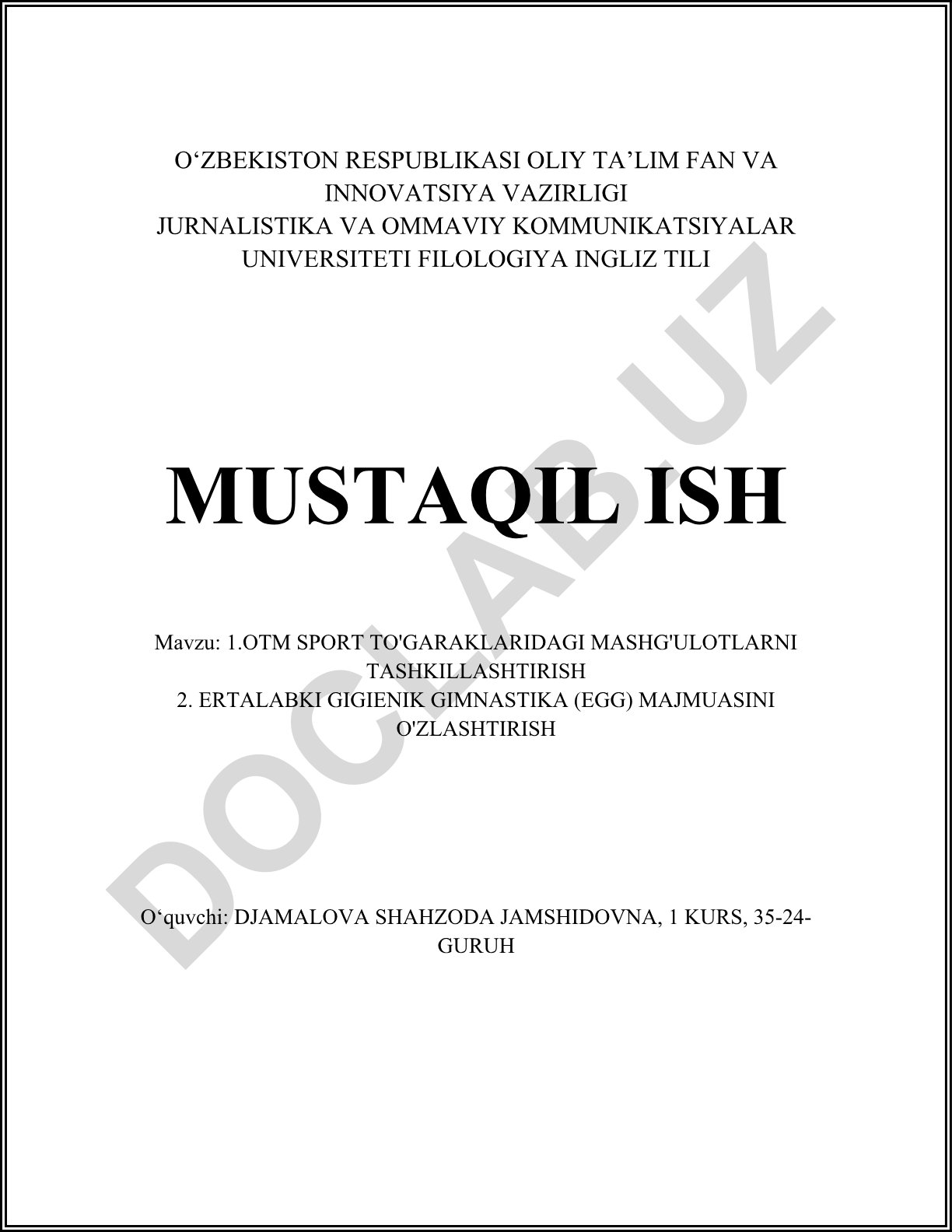 OTM sport to'garaklaridagi mashg'ulotlarni tashkil etish va ertalabki gigienik gimnastika majmuasi
