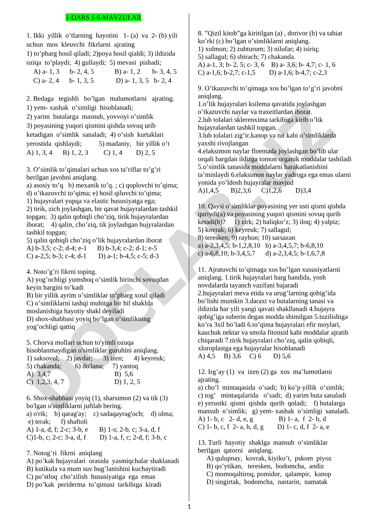 O'simliklar hayoti va to'qimalar tuzilishi