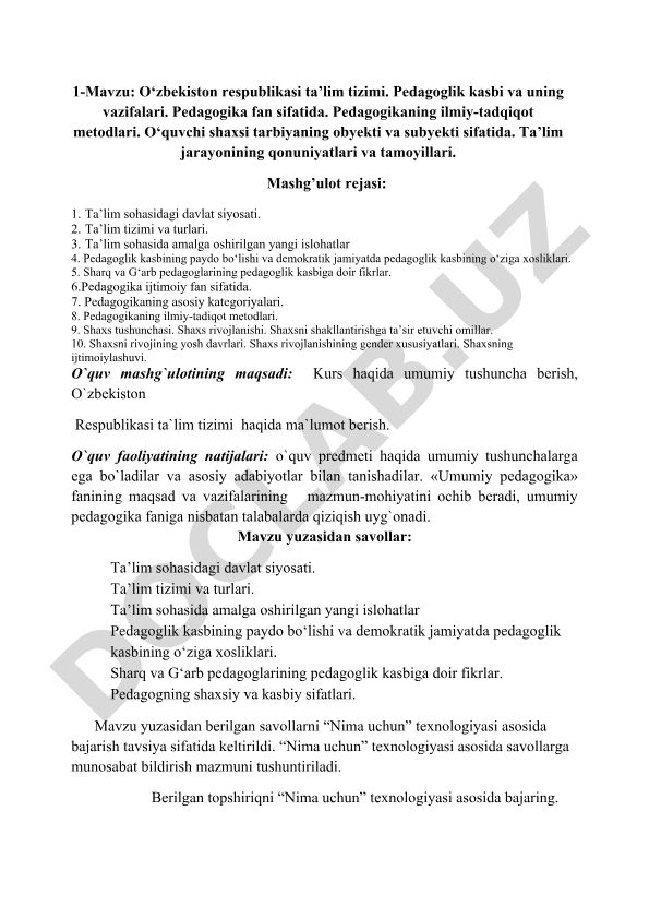 O‘zbekiston respublikasi ta’lim tizimi va pedagogika asoslari