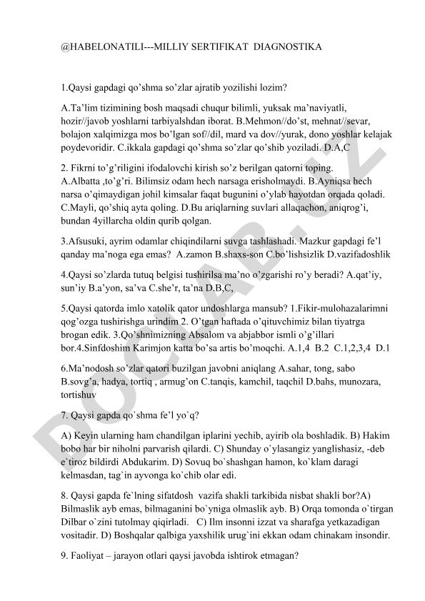 O'zbek tili imlo va grammatika test savollari