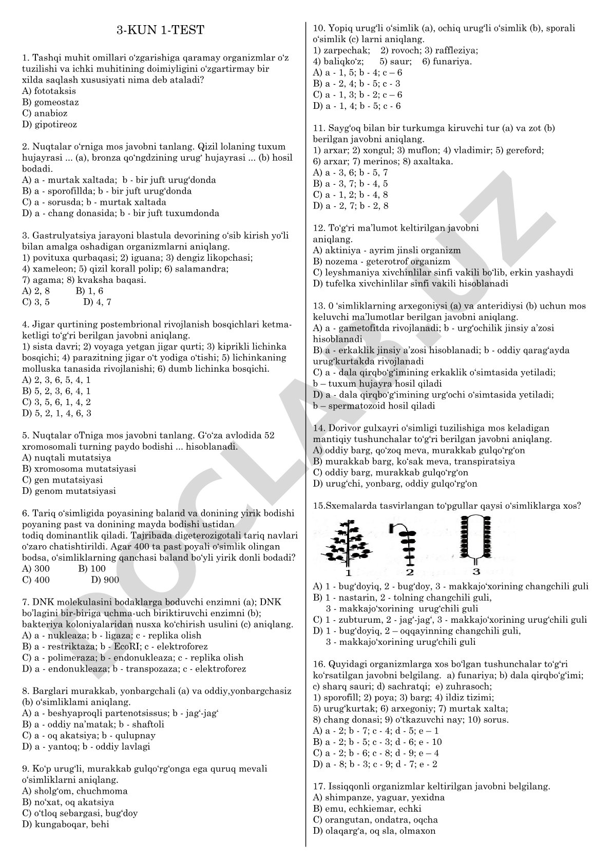 Biologiyadan gomeostaz, gametogenez va rivojlanish bo'yicha test