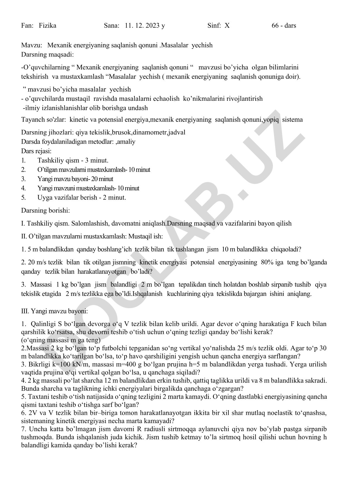 Mexanik energiyaning saqlanish qonuni. Masalalar yechish