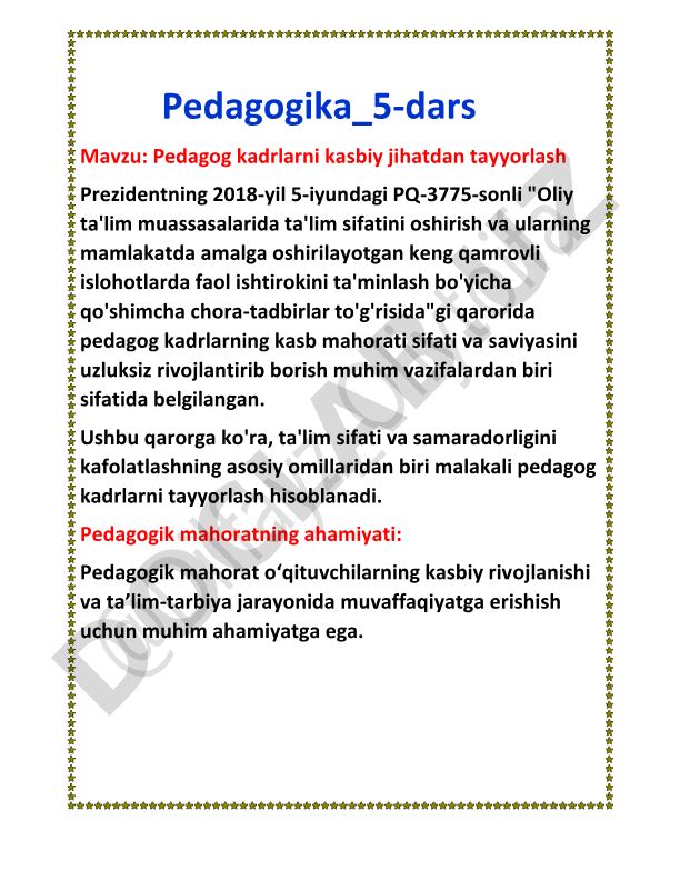 Pedagog kadrlarni kasbiy jihatdan tayyorlash
