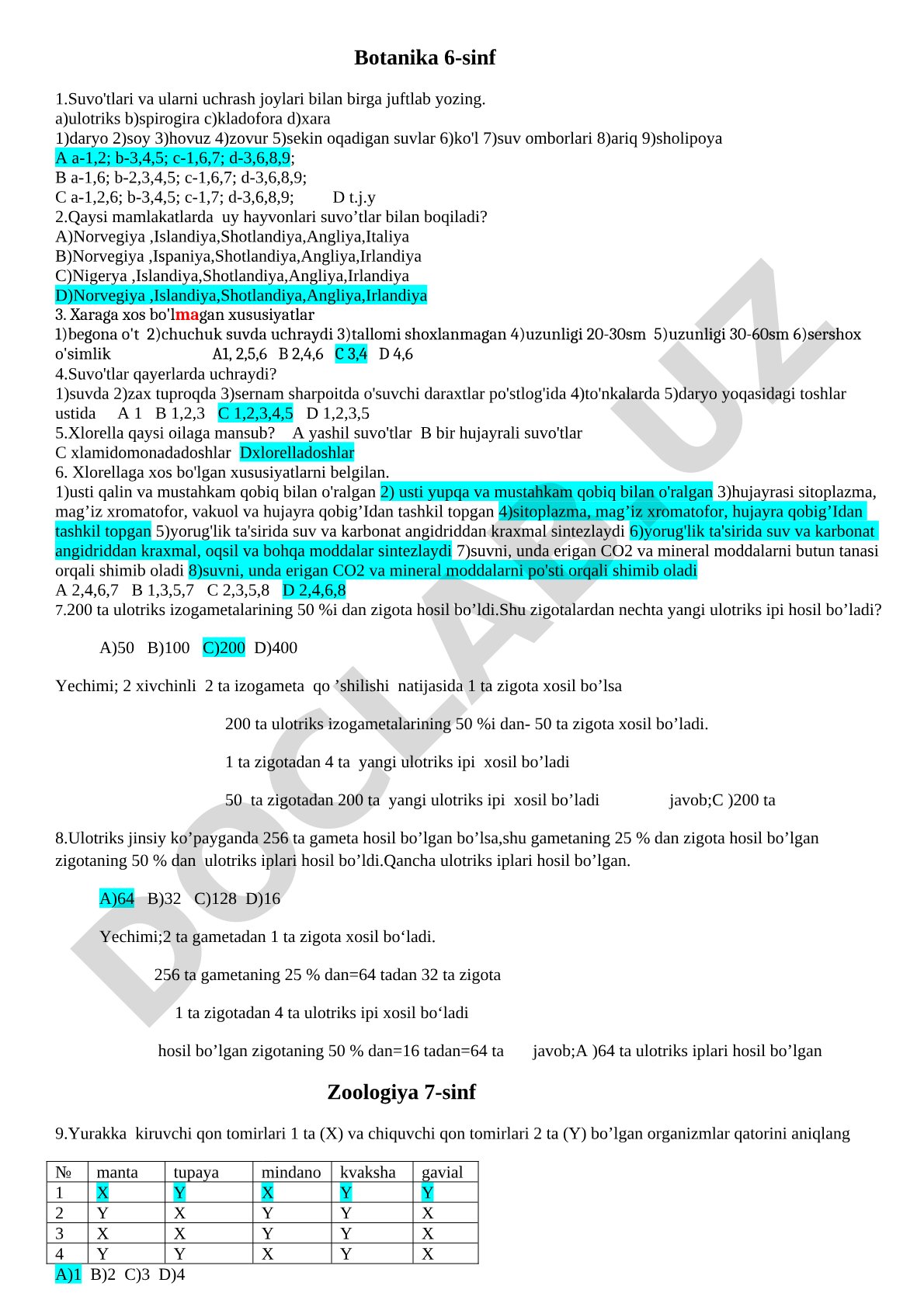 Suvo'tlar mavzusida botanika test savollari