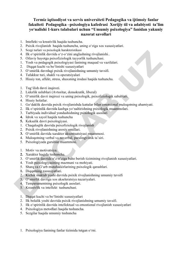 Umumiy psixologiya fanidan yakuniy nazorat savollari